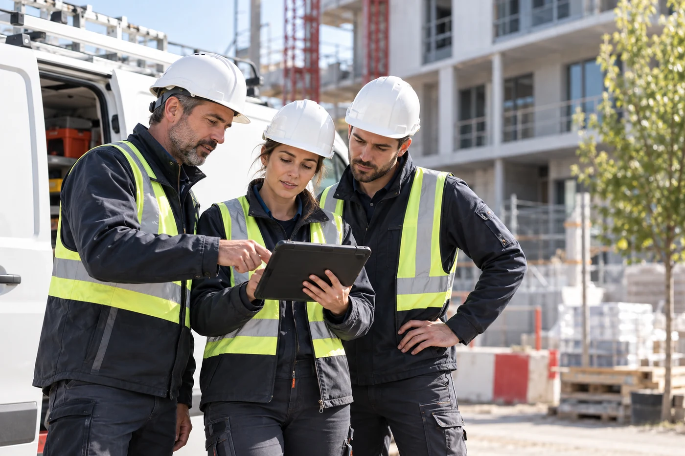 Trois collègues coordonnent leur intervention autour d’une tablette sur le chantier
